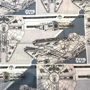 Star Wars Millenium Falcon Ship Diagrams, 100% Cotton Quilting/Sewing Fabric, Single Yard Cut.