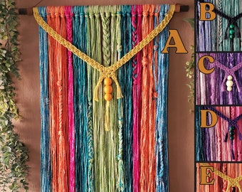 Tie Dye Yarn and Macrame wall hanging, Bohemian Hippie Home Decor, Colorful Options: Purple orange rainbow blue