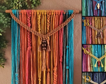 Boho Yarn Wall Hanging, Macrame Decor with Wooden Dowel