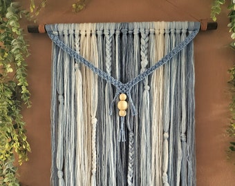 Blue and White Nursery Macrame and Yarn Wall Hanging Boho Home Decor