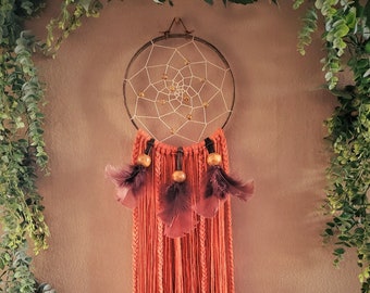 Handmade Boho Dreamcatcher, Orange Feather Wall Hanging (8")