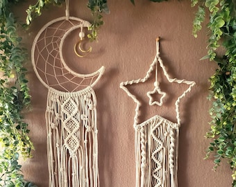 Macrame Star and Crescent Moon wall hanging set, Bedroom boho lunar home decor