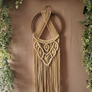 70&#39;s style retro art, handmade macrame wall hanging decor, Boho neutral hoop wreath for living room or bedroom