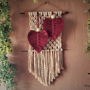 Double hearts macrame wall hanging decor, boho home or shop wall decor