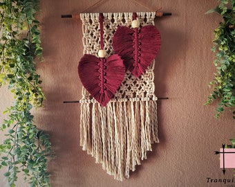 Burgundy Heart Macrame Wall Hanging, Boho Home Decor