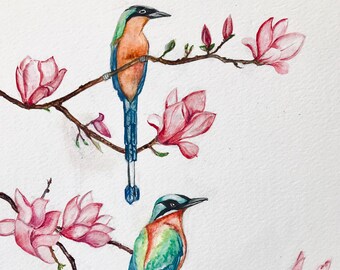 Print of water color / mixed media hand-painted Exotic birds among blooms
