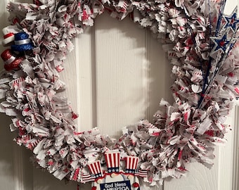 4th of July! Red White and Blue handmade 16” round rag wreath