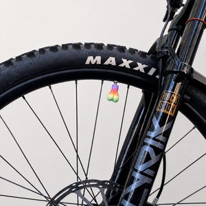 May include: A bicycle tire valve cap shaped like a pair of testicles, featuring a gradient of purple, pink, yellow, and green colors. The cap is attached to the valve stem of a black bicycle wheel with a Maxxis tire and a black RockShox Lyrik fork.