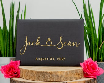 Personalised Wedding Guest Book, Elegant Wedding Ring Design, Landscape, Horizontal Guest Book ,Personalized Hardcover Guest Book