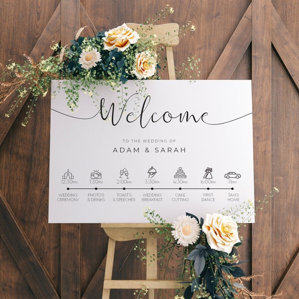 Orden de boda personalizada del signo del día, signo de la línea de tiempo de la boda, signo de orden del día, orden de eventos de la boda, orden del servicio,