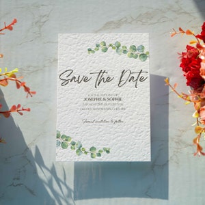 Eucalyptus Save The Date, Gorgeous Hammered Textured Card, Wedding Invitations, Greenery Wedding, Botanical Invites, Wedding Invitations