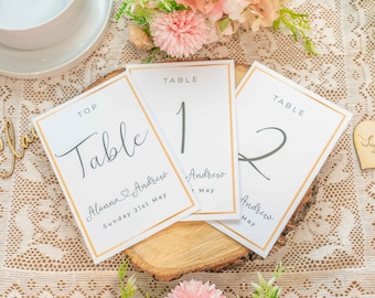 Gouden rand bruiloft tafelnummers, receptie tafelnummers, eenvoudige tafelnummerkaarten, bruiloft tafelnummers, bruiloft tafel naamkaartjes