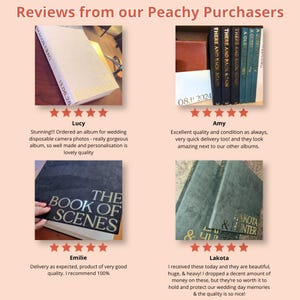 May include: A collage of four customer reviews featuring personalized photo albums. The albums have hard covers in white, black, and dark green with gold foil text including titles like The Book of Scenes and Lakota & Hunter, plus dates.