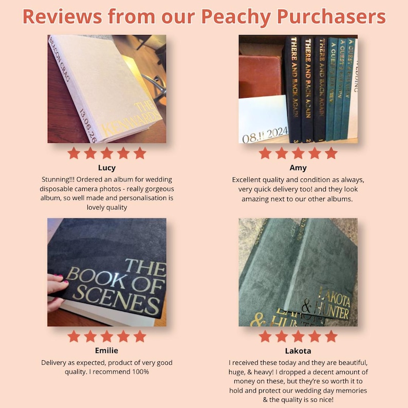May include: A collage of four customer reviews featuring personalized photo albums. The albums have hard covers in white, black, and dark green with gold foil text including titles like The Book of Scenes and Lakota & Hunter, plus dates.