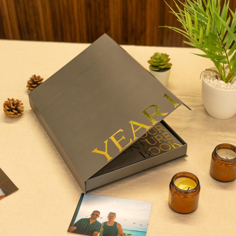 grey gift box with photo album