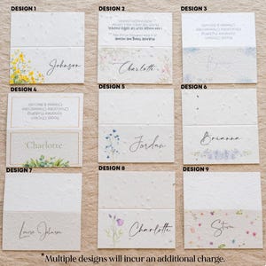May include: Nine seed paper place cards with floral designs and handwritten names. Each card features a unique design, including yellow flowers, blue wildflowers, and watercolor accents. The names include Johnson, Charlotte, Jordan, Brianna, and Steven.