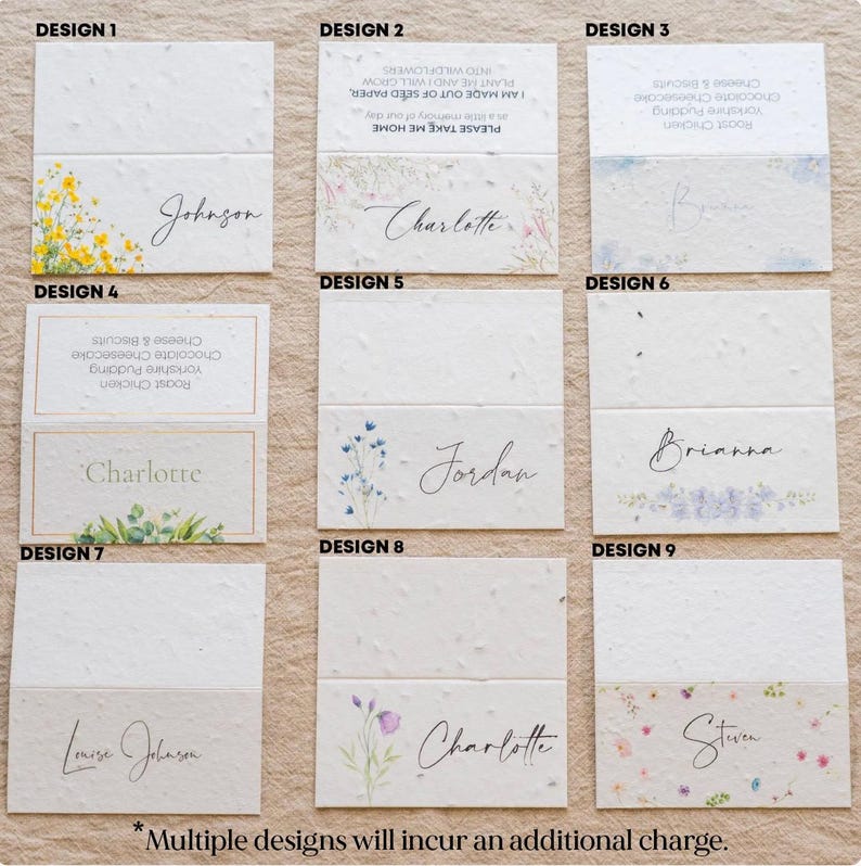 May include: Nine seed paper place cards with floral designs and handwritten names. Each card features a unique design, including yellow flowers, blue wildflowers, and watercolor accents. The names include Johnson, Charlotte, Jordan, Brianna, and Steven.