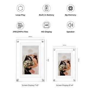 May include: Two digital photo frames with clear acrylic frames. The larger frame has a 7 inch by 5 inch screen and the smaller frame has a 6 inch by 4 inch screen. Both frames display a photo of a couple.