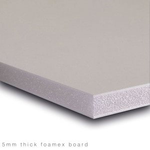 May include: A close-up of a 5mm thick white foam board. The board has a textured surface.