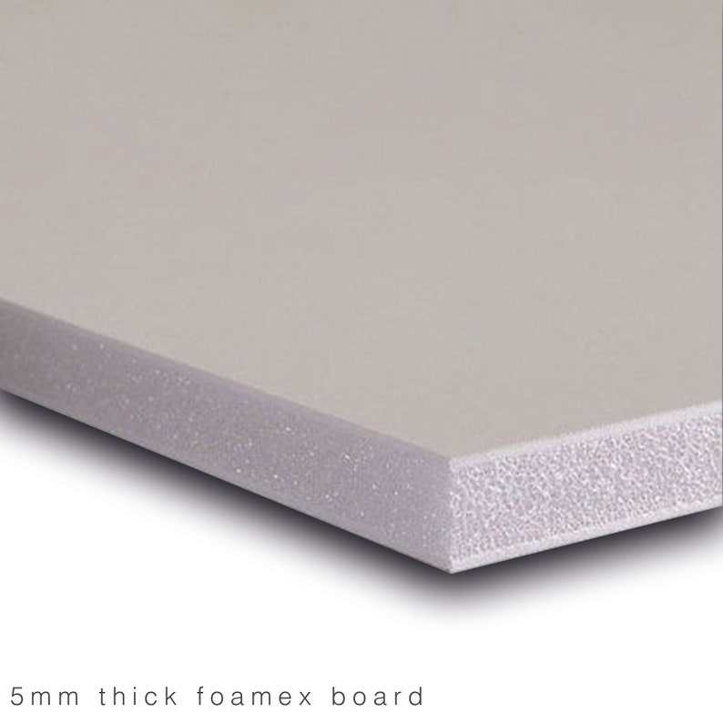May include: A close-up of a 5mm thick white foam board. The board has a textured surface.