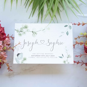 Prachtige Save The Date, Save The Dates met enveloppen, Groen Bruiloft Uitnodiging, Botanische Kaarten, Eucalyptus Bruiloft, Rustieke Bruiloft