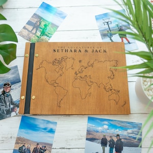 Houten plakboek, wereldkaart, avonturenboek, reisdagboek, vakantieherinneringen, fotoalbum, uniek reiscadeau, plakboekaandenken