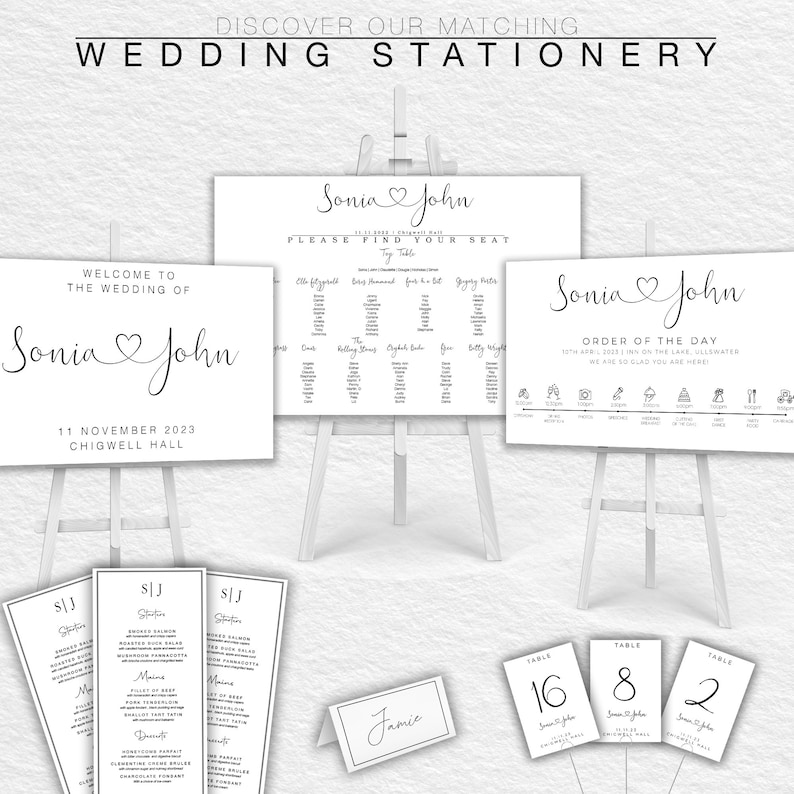 May include: Wedding stationery set with a white background and black text. The set includes a welcome sign, a seating chart, an order of the day, table numbers, and menus. The text on the signs includes the names "Sonia" and "John" and the date "11 November 2023".
