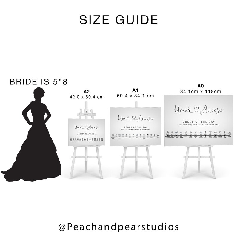 May include: A size guide for wedding signage, showing a silhouette of a bride standing next to three different sizes of easel stands with wedding signs. The signs are white with gray text and a heart design. The signs read "Umar & Aneesa" and "Order of the Day". The sizes are A0 (84.1 cm x 118 cm), A1 (59.4 cm x 84.1 cm), and A2 (42.0 cm x 59.4 cm).