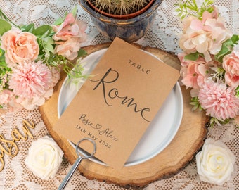 Kraft Brown Table Numbers, Wedding Table Names, Wedding Table Numbers, Seating Cards, Reception Table Signs, Rustic Wedding