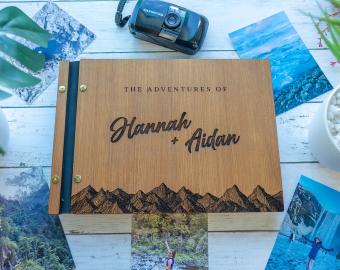 Personalised Wooden Travel Scrapbook, Mountain Adventure Book, Travel Photo Album, Wood Book, Couples Scrapbook, Gifts for Couples