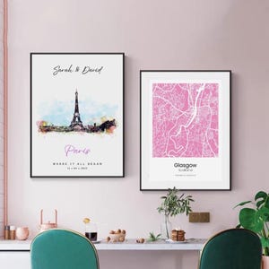 Custom Water colour Frame, City Map Print, Personalised Couple Gift, Any Location, Wedding or Anniversary Art, Where It All Began
