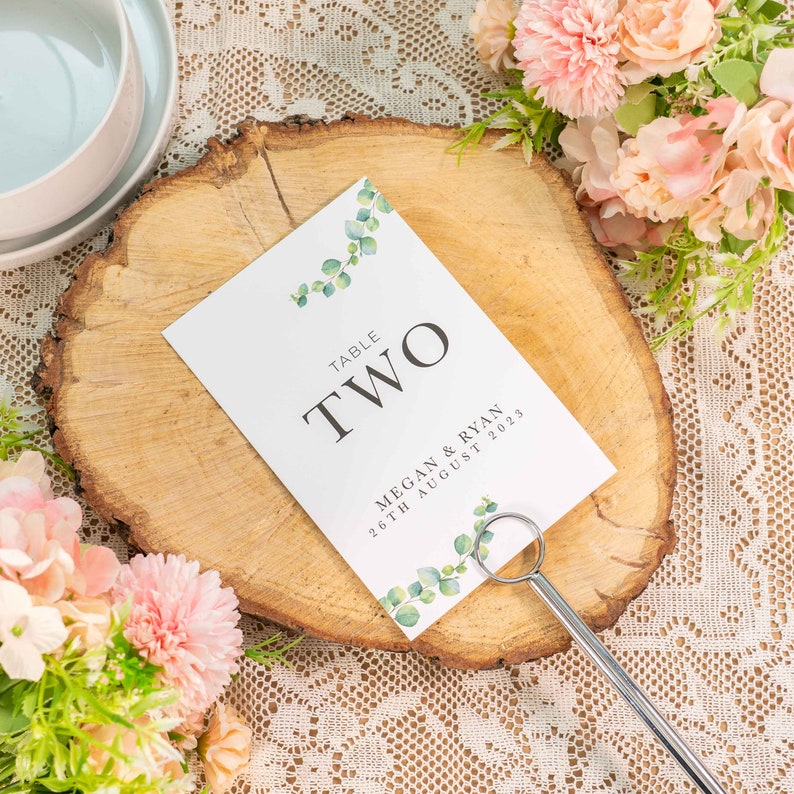 Personalised Wedding Table Numbers, Greenery Wedding Table Signs, Table Name Cards, Eucalyptus Wedding Table Numbers,Reception Table Numbers image 1