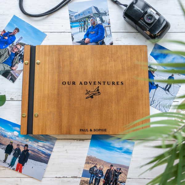 Personalised Adventure Scrapbook, Wooden Scrapbook, Wooden Book, Wooden Photo Album, Travel Journal, Travel Gift, Couples Scrapbook