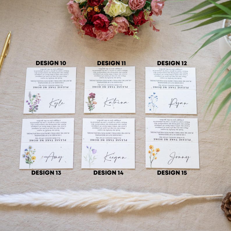 May include: Nine seed paper place cards with floral designs and handwritten names. Each card features a unique design, including yellow flowers, blue wildflowers, and watercolor accents. The names include Johnson, Charlotte, Jordan, Brianna, and Steven.