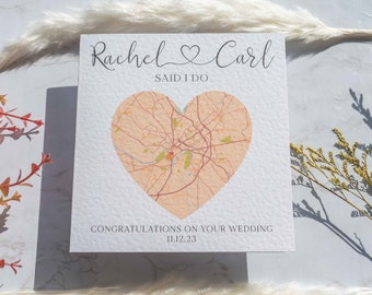 Terracotta Red Heart Wedding Congratulations Card, Custom Map Card, They Said I Do Card, Wedding Card Personalised, Wedding Location Map