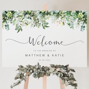 Floral Wedding Welcome Sign, Floral Wedding Welcome Sign, Eucalyptus Wedding, Botanical Leaf, Welcome Board, Personalised Wedding Signs