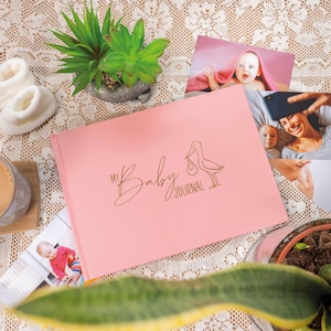 Puede incluir: Un diario de beb&eacute; rosa con una ilustraci&oacute;n de cig&uuml;e&ntilde;a dorada y el texto "My Baby Journal".