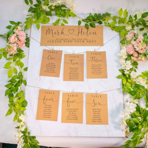 Plan de mesa de boda personalizado, gráfico de asientos de boda marrón Kraft, plan de asientos de boda, letrero de asientos de boda, plan de mesa, planificador de asientos