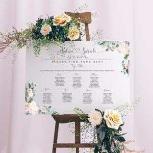 Bloemen Bruiloft Zitplan, Gepersonaliseerd Tafelplan, Bruiloft Teken, Tafel Zitplan, Tijdlijn, Welkom, Elegant, Bord, Poster, Bewegwijzering