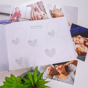 Puede incluir: Un libro blanco con una cubierta gris claro y las palabras "Birthday Wishes from Family and Friends" impresas en la portada. El libro tiene varias burbujas de di&aacute;logo en blanco con corazones, etiquetadas como "From".
