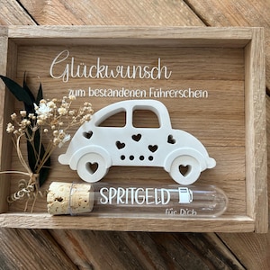Driver&#39;s license gift | Congratulations set with wooden frame, car decoration, dried flowers, gas money tube | Gift idea for drivers, cash gift