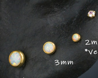 16G 18G 20G Tiny White Opal Threadless Push Pin Stud /  Bezel Round 2mm 3mm 4mm / Tragus Cartilage Helix Conch / Gold Earrings(23)
