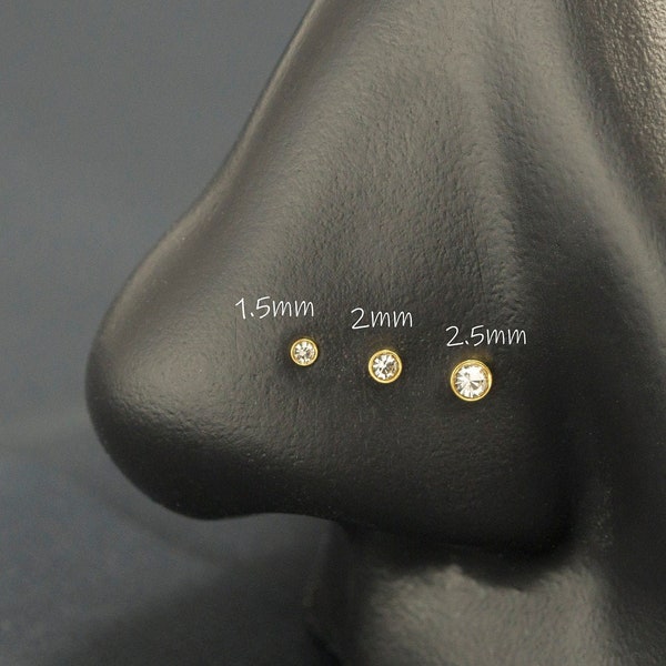 20G 316L Surgical Steel Nose Studs 3mm 2.5mm 2mm 1.5mm / White Cz Bezel Set / Nose Corkscrew Stud / Gold PVD