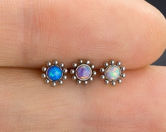 Beaded Sun Titanium Opal Stud  / Threadless Push Pin / Tragus Cartilage Helix Conch Piercing Stud / Steel Color / Hypoallergenic(10)
