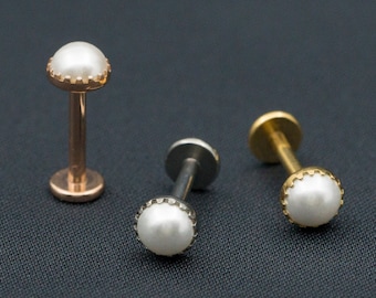 Silver Pearl Stud / Titanium Threadless Push Pin Stud / Bezel 3mm 4mm Tragus Cartilage Conch Helix / Gold Color / Handmade Jewelry