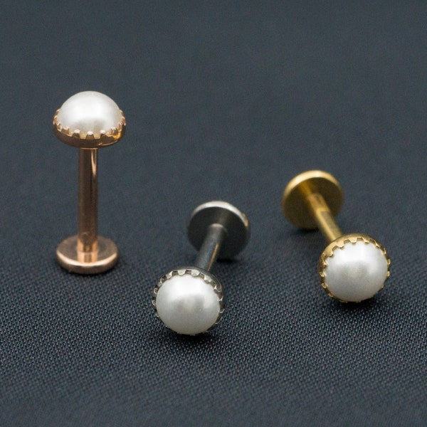 Silver Pearl Stud / Titanium Threadless Push Pin Stud / Bezel 3mm 4mm Tragus Cartilage Conch Helix / Gold Color / Handmade Jewelry