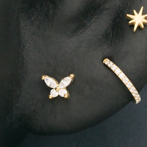 Sparkling Butterfly Stud / Titanium Threadless Cartilage Helix Conch Stud / Minimalist Earring / Handmade Gold Earring(26)