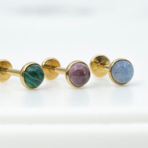 Gold Natural Stone Titanium Stud / Threadless Cartilage Conch Tragus Helix Stud / Handmade Stud / Minimalist Earring / Hypoallergenic(19)