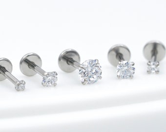 Cubic Zirconia Surgical Steel Stud: Threadless Tragus, Cartilage, Nose, Lip Ring Silver Stud