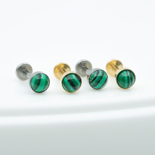 Titanium Malachite Stone Earring / Threadless Conch Tragus Helix Stud / Handmade Green Stud / Minimalist Earring / Hypoallergenic